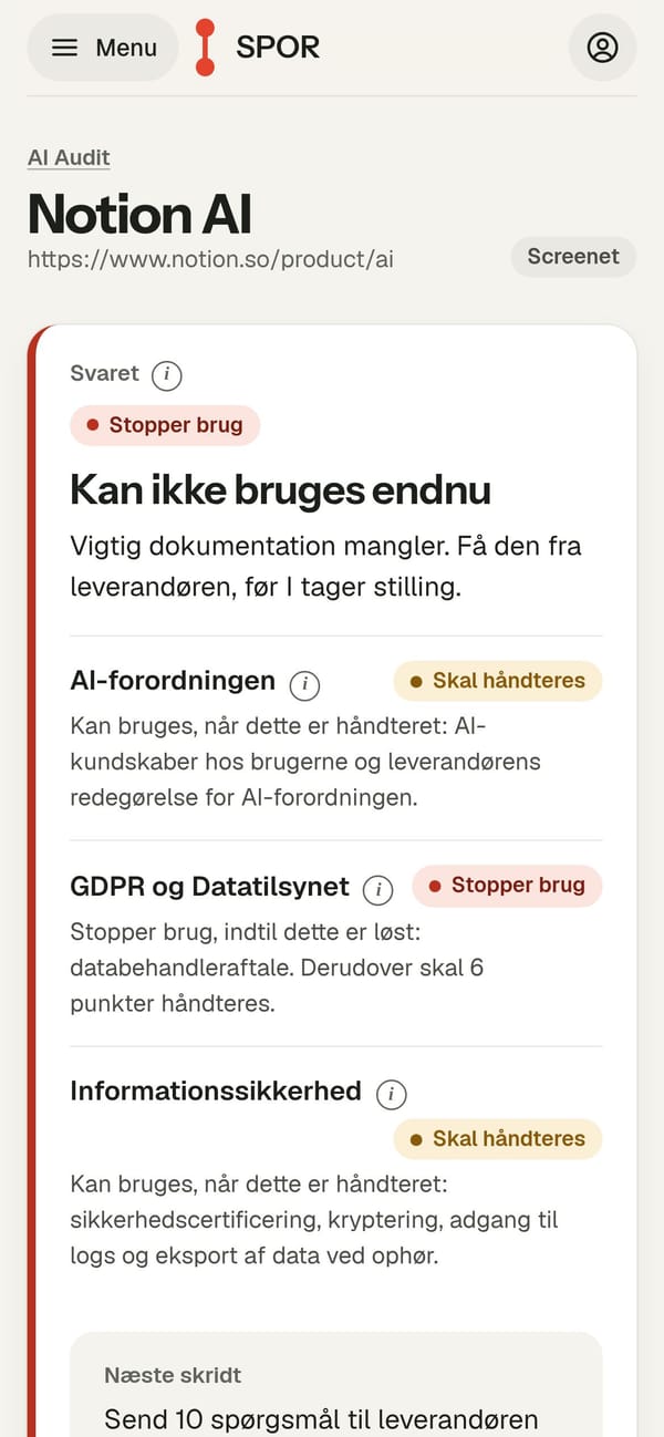 Skærmbillede fra SPOR på en telefon: AI-vurdering af et AI-værktøj med svar og vurderinger